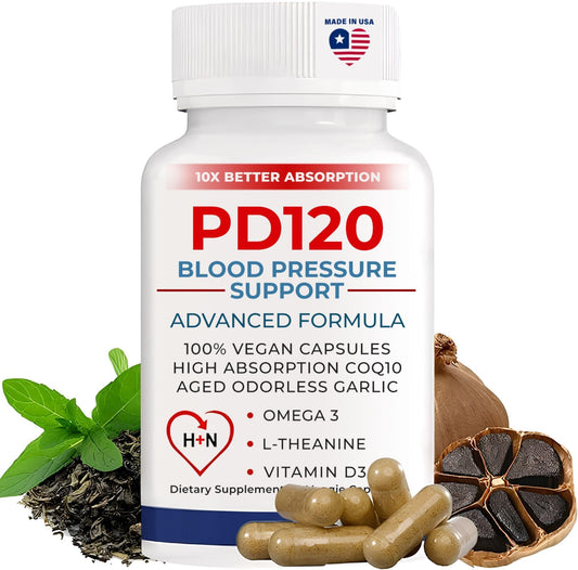 PD120 Blood Pressure Support Supplements Black Garlic Extract with COQ10 - Blood Pressure Supplements - 60 Capsules